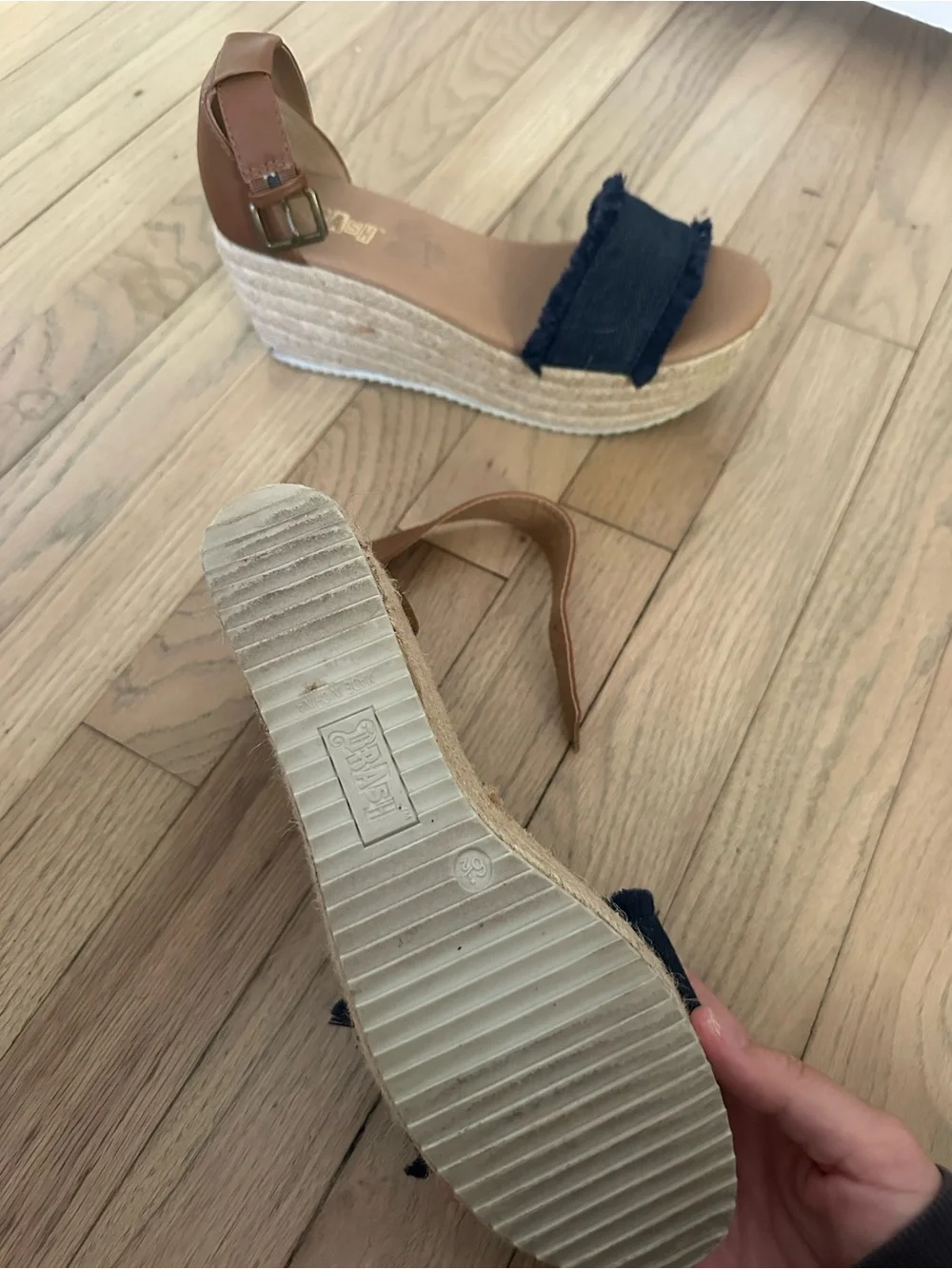Women's Tan Espadrille Wedge Sandals with Navy Strap